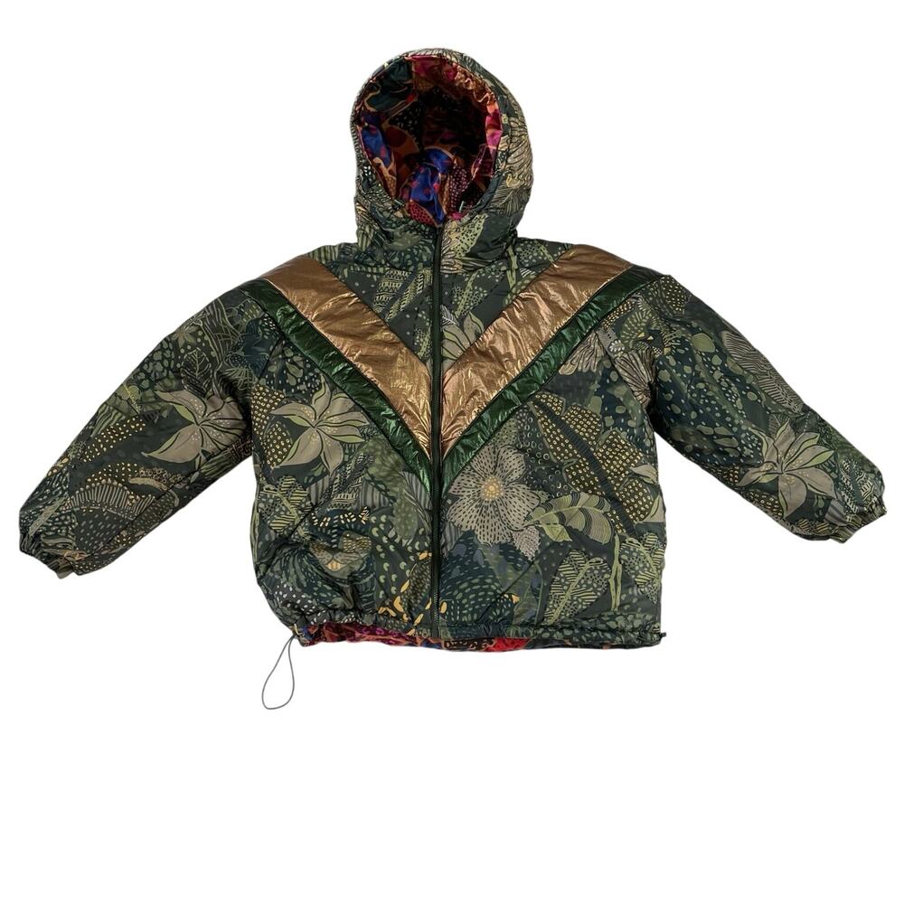FARM Rio Reversible Hooded Puffer Metallic Detail Coat Jacket Green Multi Size L